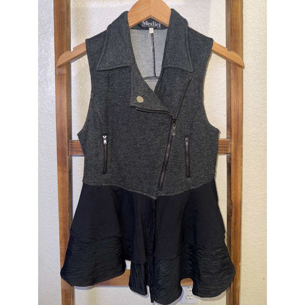 Medici Womens Gray Moto Peplum Vest Asymmetrical Zip Tiered Ruffle Mixed Media S